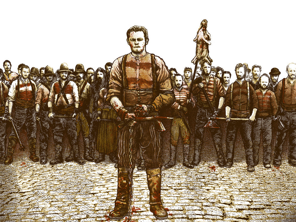 Drew Binkleys limited edition screen print captures rugged individuals on cobblestones, the central figure holding a weapon. Dressed in period attire with a flag raised behind, the dramatic scene honors Martin Scorsese.
