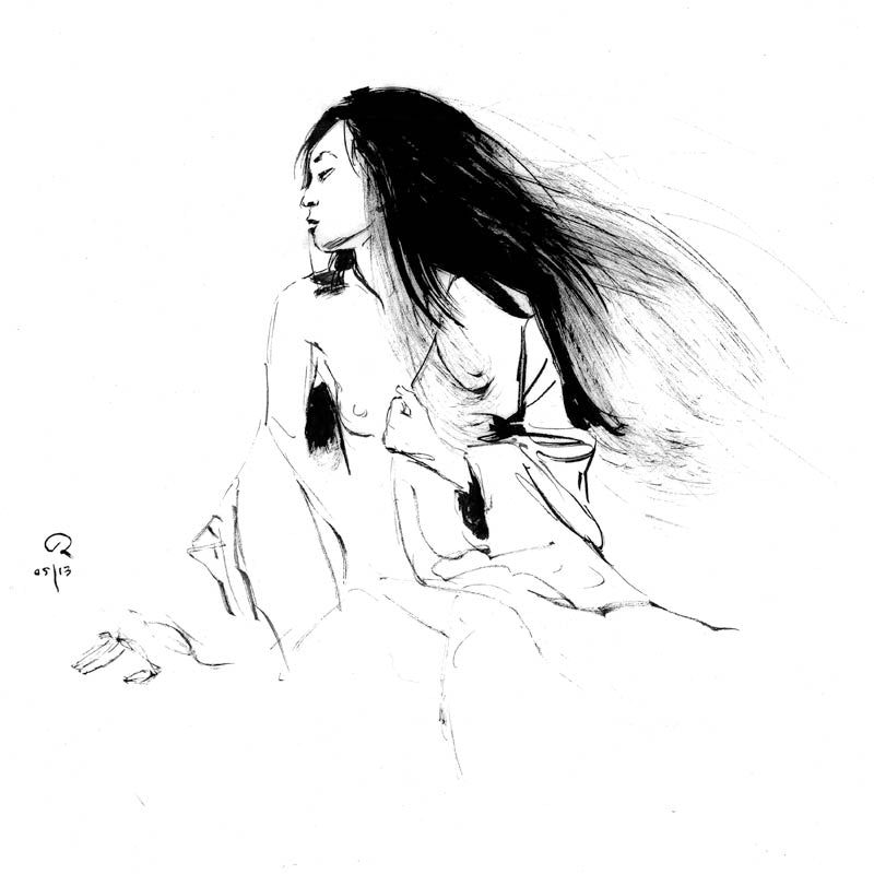 A black and white ink sketch by M Ian Dringenberg depicts a person with long, flowing hair, partially draped, gazing to the side with one hand on their chest. It beautifully captures motion and the essence of Tangling Wind.