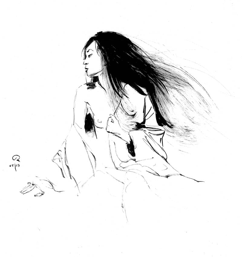 A black and white ink sketch by M Ian Dringenberg depicts a person with long, flowing hair, partially draped, gazing to the side with one hand on their chest. It beautifully captures motion and the essence of Tangling Wind.