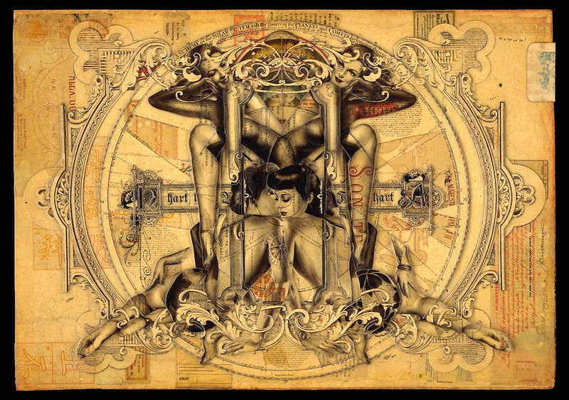 This limited edition fine art giclee by Handiedan features surreal artwork with two mirrored figures entwined in intricate patterns and ornate designs, set against a background collage of vintage papers, text, and stamps. Each piece is signed and numbered for collectors.
