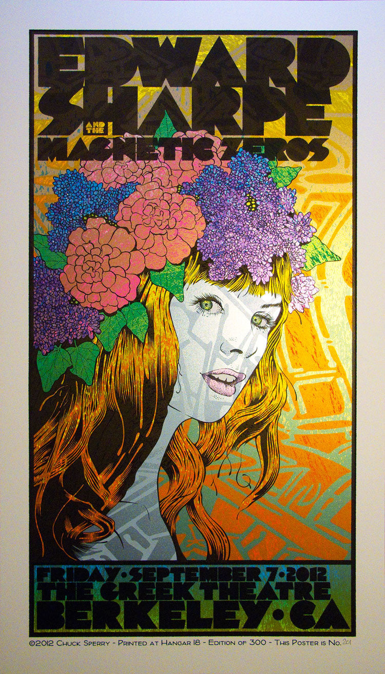 Chuck Sperrys vibrant, colorful concert poster for Edward Sharpe and the Magnetic Zeros features an illustrated woman with flowers in her hair and psychedelic typography. The event was at the Greek Theatre Berkeley on Friday, September 7, 2012.