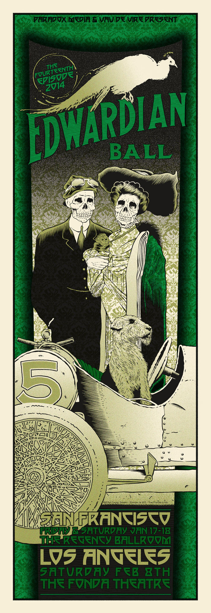 Chuck Sperrys vintage-style silkscreen poster for the Edwardian Ball features skeletal figures in Edwardian attire with a child and a parrot by an antique car. The 2014 event details for San Francisco and Los Angeles are artistically integrated into the design.