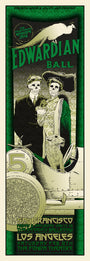 Chuck Sperrys vintage-style silkscreen poster for the Edwardian Ball features skeletal figures in Edwardian attire with a child and a parrot by an antique car. The 2014 event details for San Francisco and Los Angeles are artistically integrated into the design.