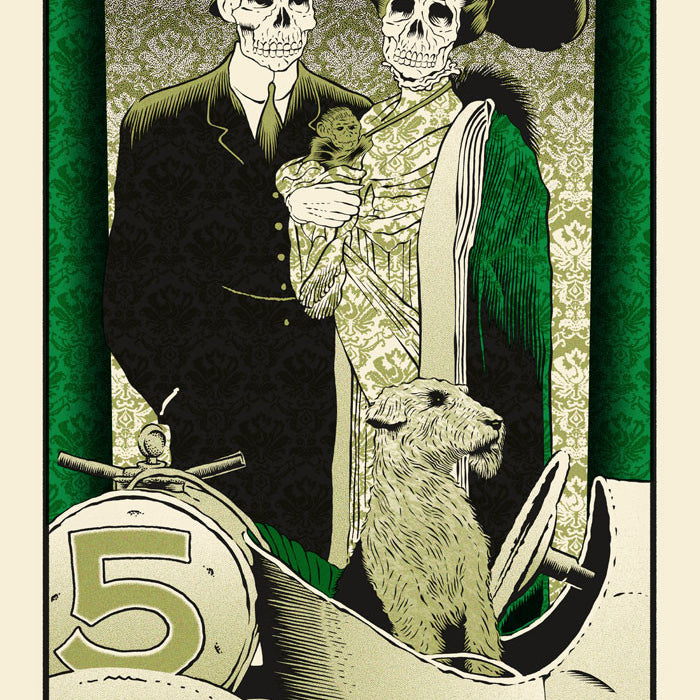 Chuck Sperrys vintage-style silkscreen poster for the Edwardian Ball features skeletal figures in Edwardian attire with a child and a parrot by an antique car. The 2014 event details for San Francisco and Los Angeles are artistically integrated into the design.