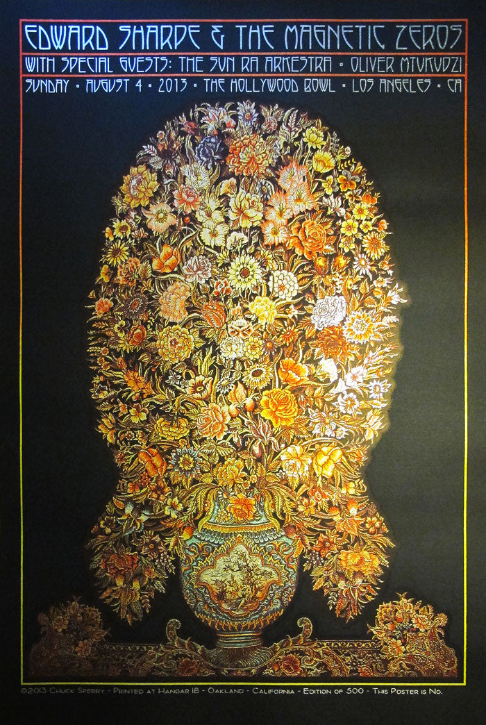 The Chuck Sperry poster for Edward Sharpe & The Magnetic Zeros showcases a detailed floral skull design. It highlights an August 4, 2013, Hollywood Bowl performance with special guests, using vibrant orange, yellow, and black.