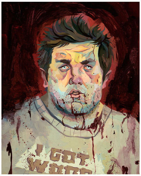 Rich Pellegrinos digital artwork features a weary man with bloodied face in a light shirt with partial text, set against a dark, abstract backdrop to amplify the dramatic mood. An ideal fine art giclee print for collectors this Black Friday weekend!.