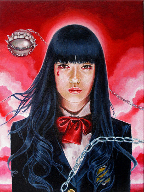 This evocative Edith Lebeau masterpiece features an acrylic on canvas painting of a person with long black hair and a red bow tie against a crimson cloudy sky, a tear on their cheek, encircled by chains, with a spiked metal object in the background. Artwork available for sale.