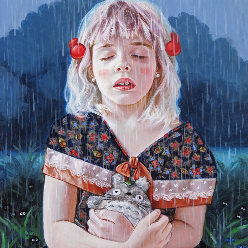 Edith Lebeau - "My Neighbor Totoro" painting of young girl sitting in the rain holding a Totoro stuffed animal
