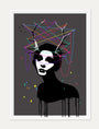 The artwork resembles Eeluss style, featuring a silhouette with a dripping paint effect. Its a signed and numbered hand-pulled screen print with colorful threads forming a web over antler-like structures against a dark background splashed with vibrant hues.
