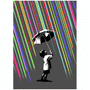 An Eelus 3D Lenticular print depicts a child with a black umbrella under vibrant, multicolored lines on a dark background. The childs upward gaze is seemingly shielded from the colorful rain. Custom framing heightens its striking appeal.