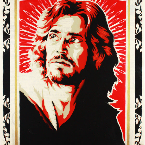 This Epyon5-inspired stylized portrait captures a long-haired, bearded man looking upward. Utilizing a red, black, and white palette with decorative framing, it evokes a Martin Scorsese tribute vibe. Radiating lines form a halo effect behind his head.