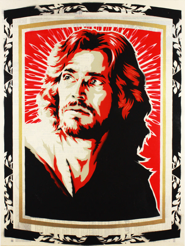 This Epyon5-inspired stylized portrait captures a long-haired, bearded man looking upward. Utilizing a red, black, and white palette with decorative framing, it evokes a Martin Scorsese tribute vibe. Radiating lines form a halo effect behind his head.