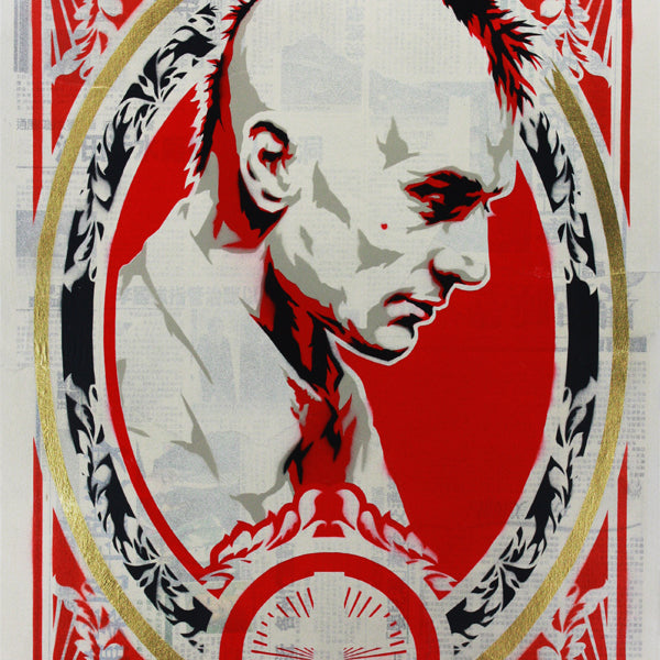 This Epyon5 artwork depicts a profile view of a man with a mohawk against a red background, framed with ornate leaves and roses, and includes a circular emblem at the bottom. A captivating addition for Scorsese fans at Spoke Art gallery.