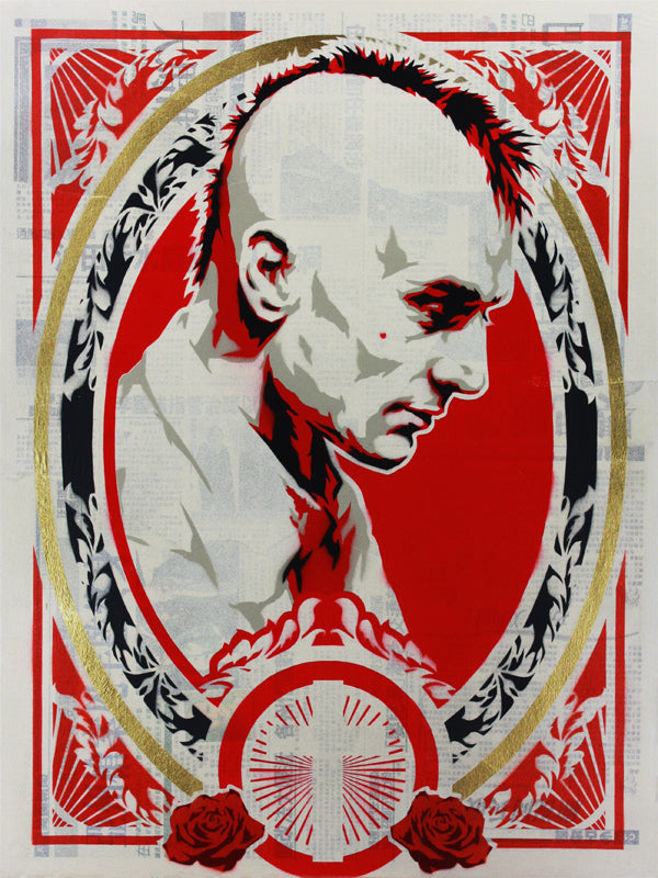 This Epyon5 artwork depicts a profile view of a man with a mohawk against a red background, framed with ornate leaves and roses, and includes a circular emblem at the bottom. A captivating addition for Scorsese fans at Spoke Art gallery.