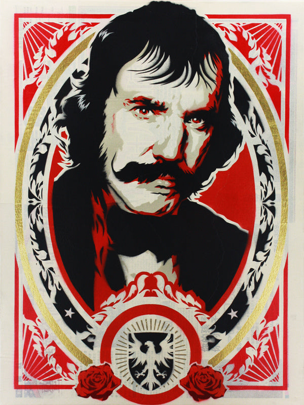 A man with a mustache and long hair is framed by an ornate oval in Epyon5s style. Inspired by The Patriot aerosol art, it showcases red and black tones with gold accents, roses, and an eagle emblem at the bottom.