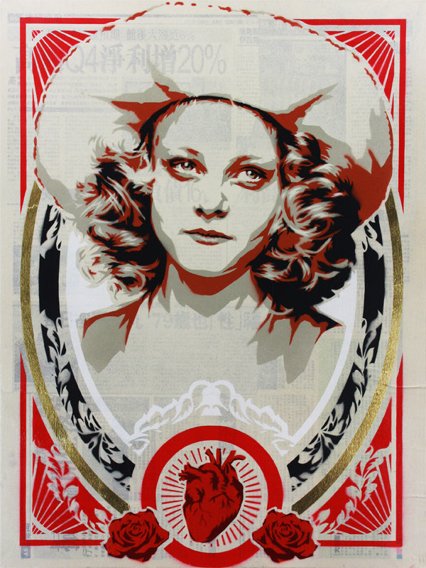 A stylized portrait of a woman with curly hair and a hat is centered in an ornate frame, echoing Epyon5 art. The design includes red, black, and gold hues with roses and a heart graphic. Japanese text is partially visible as a nod to Martin Scorsese.