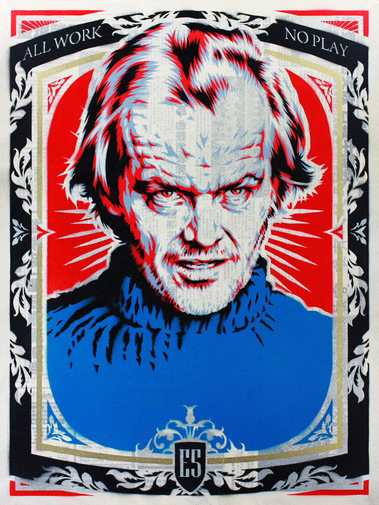 A stylized portrait of a stern man by Epyon5 is set against a bold red and blue background. All Work No Play appears at the top, framed with hand-cut stencil floral designs.