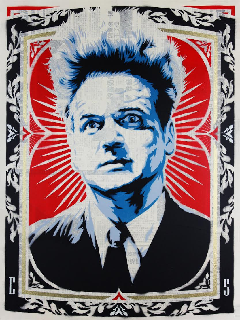 A stylized portrait by Epyon5 showcases a man with wild hair and a serious expression, framed by intricate hand-cut stencils. The background features a red starburst pattern with ornate black and white borders, reminiscent of classic Chinese newsprint.