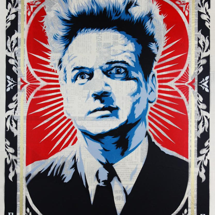 A stylized portrait by Epyon5 showcases a man with wild hair and a serious expression, framed by intricate hand-cut stencils. The background features a red starburst pattern with ornate black and white borders, reminiscent of classic Chinese newsprint.
