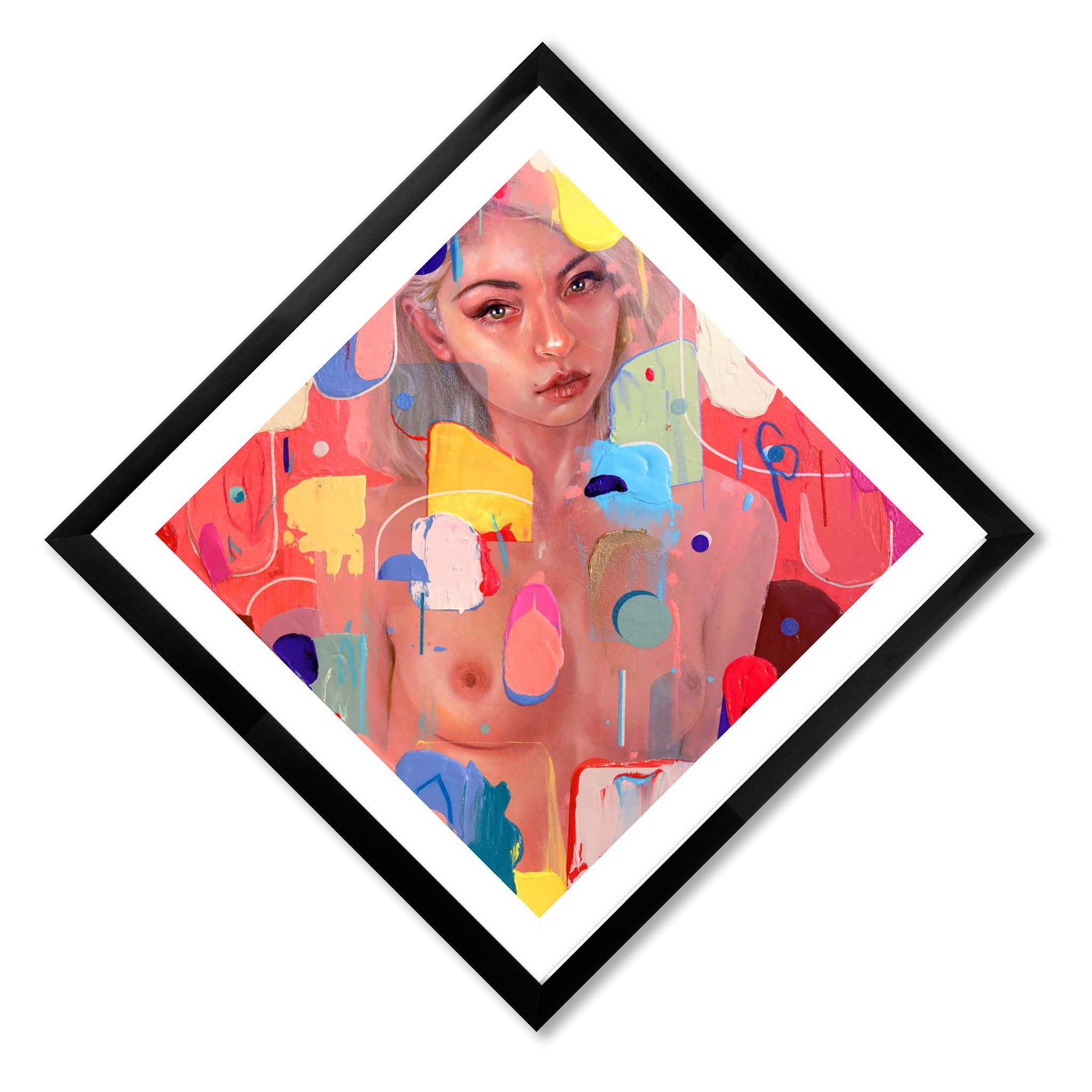A limited edition diamond-framed fine art print by Erik Jones features a woman with long hair against a vibrant abstract backdrop of pink, yellow, and blue shapes, blending realistic and abstract elements with her calm expression.