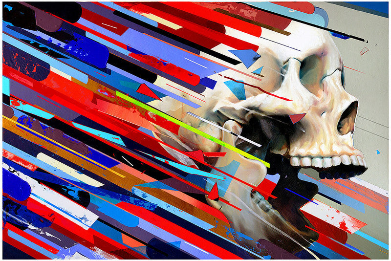 Erik Jones limited edition giclee showcases a skull on the right, intersected by vivid, multicolored geometric streaks flowing diagonally across the canvas.