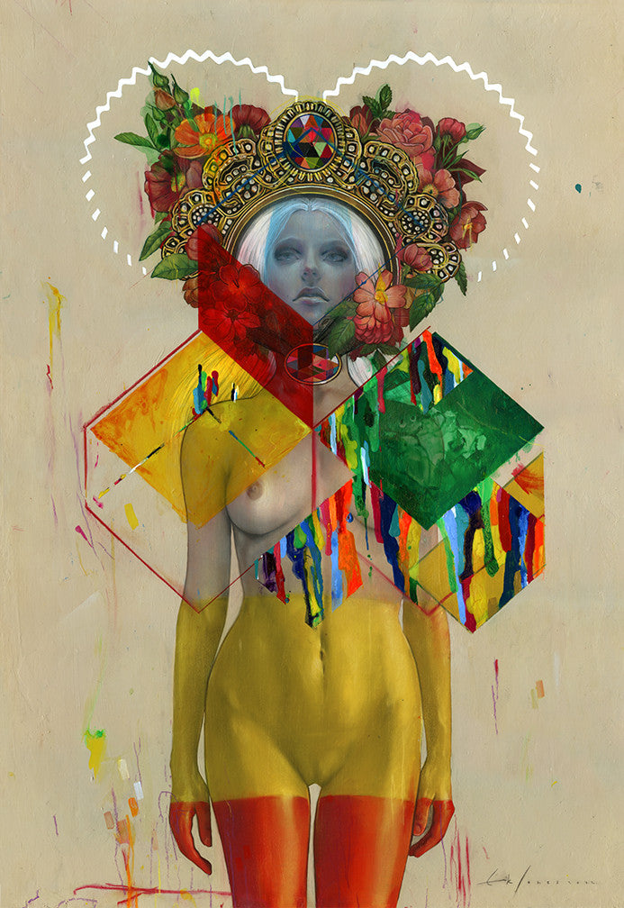 A nude figure in an Erik Jones style with geometric cube and prism, crowned by a vivid watercolor floral headdress. Abstract paint drips enhance the dreamlike fusion of human and surreal elements.