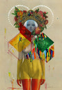 A nude figure in an Erik Jones style with geometric cube and prism, crowned by a vivid watercolor floral headdress. Abstract paint drips enhance the dreamlike fusion of human and surreal elements.