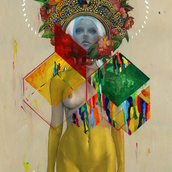A nude figure in an Erik Jones style with geometric cube and prism, crowned by a vivid watercolor floral headdress. Abstract paint drips enhance the dreamlike fusion of human and surreal elements.