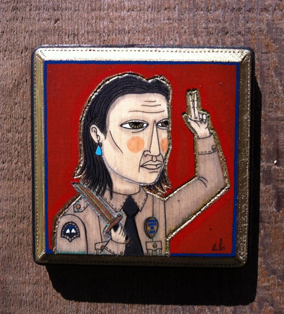 This Evan Harris mixed media painting depicts a person in uniform with a badge, fingers held up, and sporting long hair. The character has a serious expression, rosy cheeks, and a blue teardrop on a vivid red backdrop with a decorative border, capturing Agent Coopers enigmatic aura.