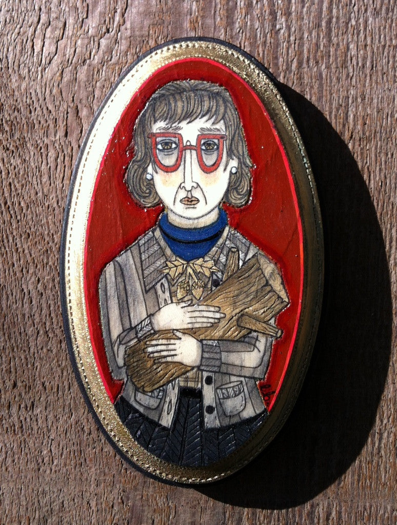 Evan Harris presents a mixed media illustration of the Log Lady: gray hair, red glasses, checkered jacket, blue turtleneck, holding logs. It features a textured hand-painted design with a vibrant red background and gold border.