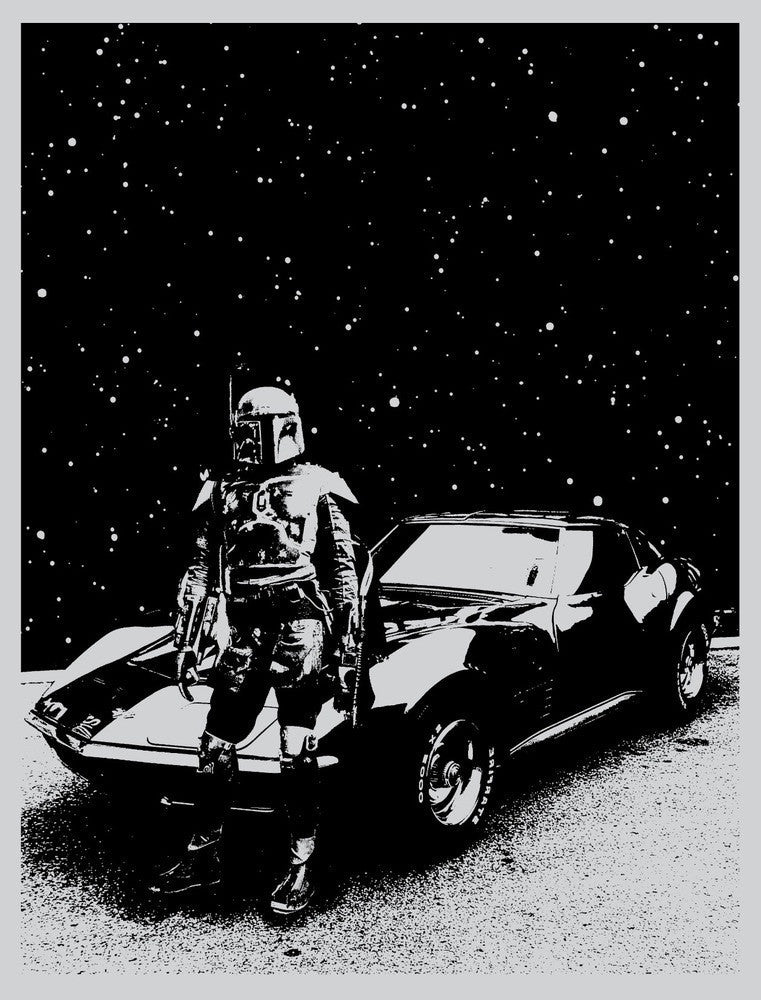 A person in futuristic armor stands beside a sleek black sports car against a starry night sky in a striking black and white screen print on Metallic Star Dream Cover Stock by Lil Tuffy, evoking a vivid sci-fi atmosphere reminiscent of Fetts Vette.