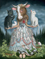 Surreal artwork, acrylic on wood panel, shows a cow-headed creature in a mice dress with a black and white cat balanced on its arms. A rose and crown adorn the scene against dark skies and trees. A Family Portrait reflecting Hanna Jaeuns enigmatic style.