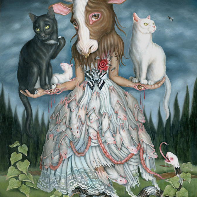 Surreal artwork, acrylic on wood panel, shows a cow-headed creature in a mice dress with a black and white cat balanced on its arms. A rose and crown adorn the scene against dark skies and trees. A Family Portrait reflecting Hanna Jaeuns enigmatic style.