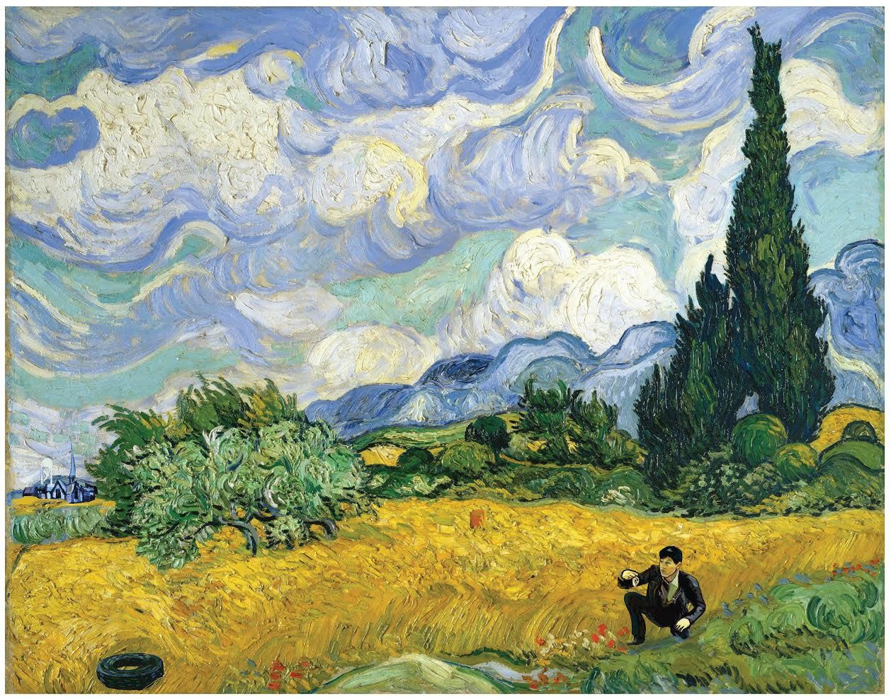 Fernando Rezas artwork features a vibrant giclee print of golden wheat fields under swirling clouds. A man crouches by a tall cypress, picking flowers. Olive trees and mountains enhance the background with a village on the left horizon, beautifully rendered on archival paper.
