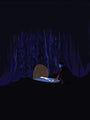 A mysterious figure in a dark cloak stands at the glowing pools edge, casting light onto a cavernous environment. The eerie scene reflects Fernando Rezas style, as walls drip with purple and blue hues, creating an atmospheric impression suitable for fine art giclee on archival paper.