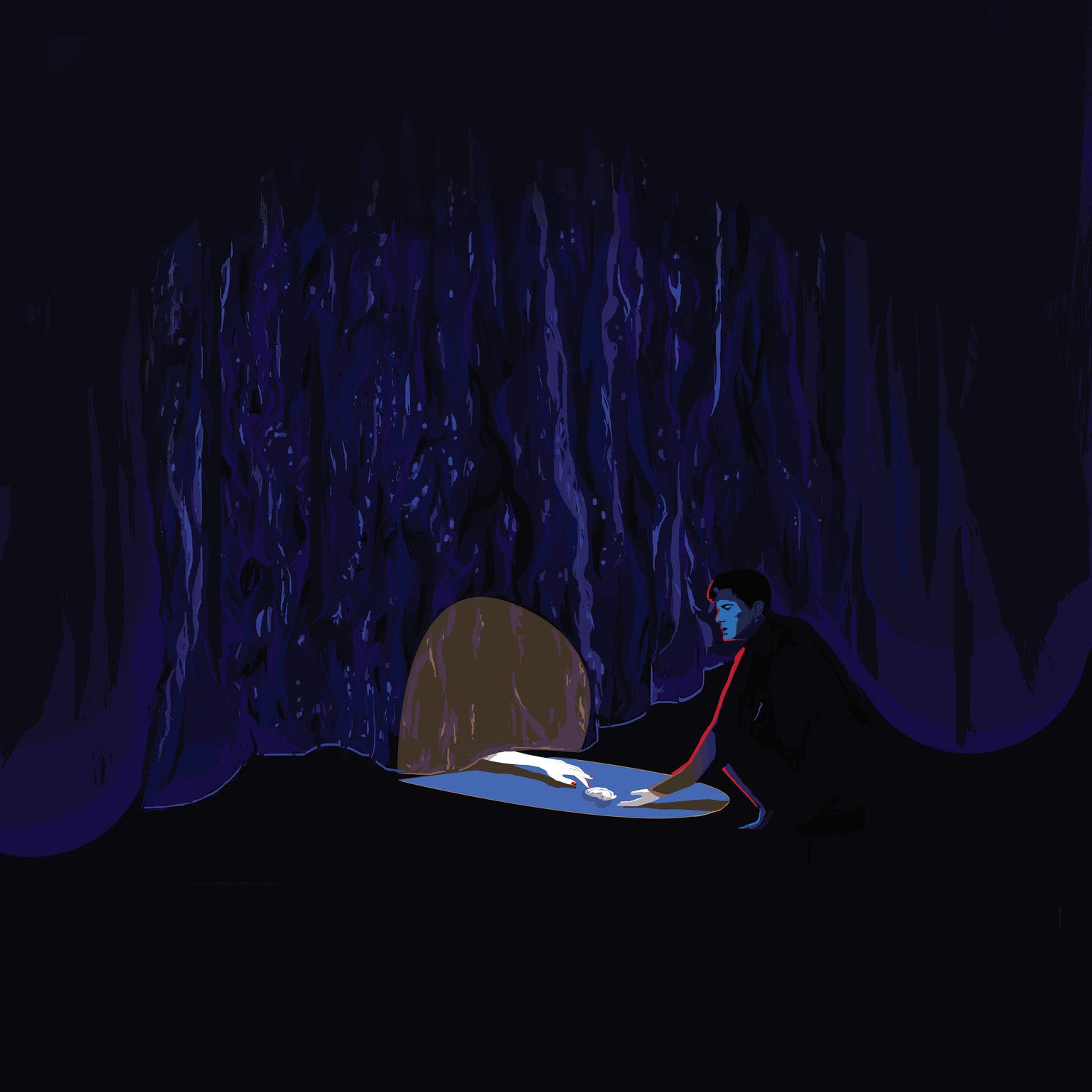 A mysterious figure in a dark cloak stands at the glowing pools edge, casting light onto a cavernous environment. The eerie scene reflects Fernando Rezas style, as walls drip with purple and blue hues, creating an atmospheric impression suitable for fine art giclee on archival paper.