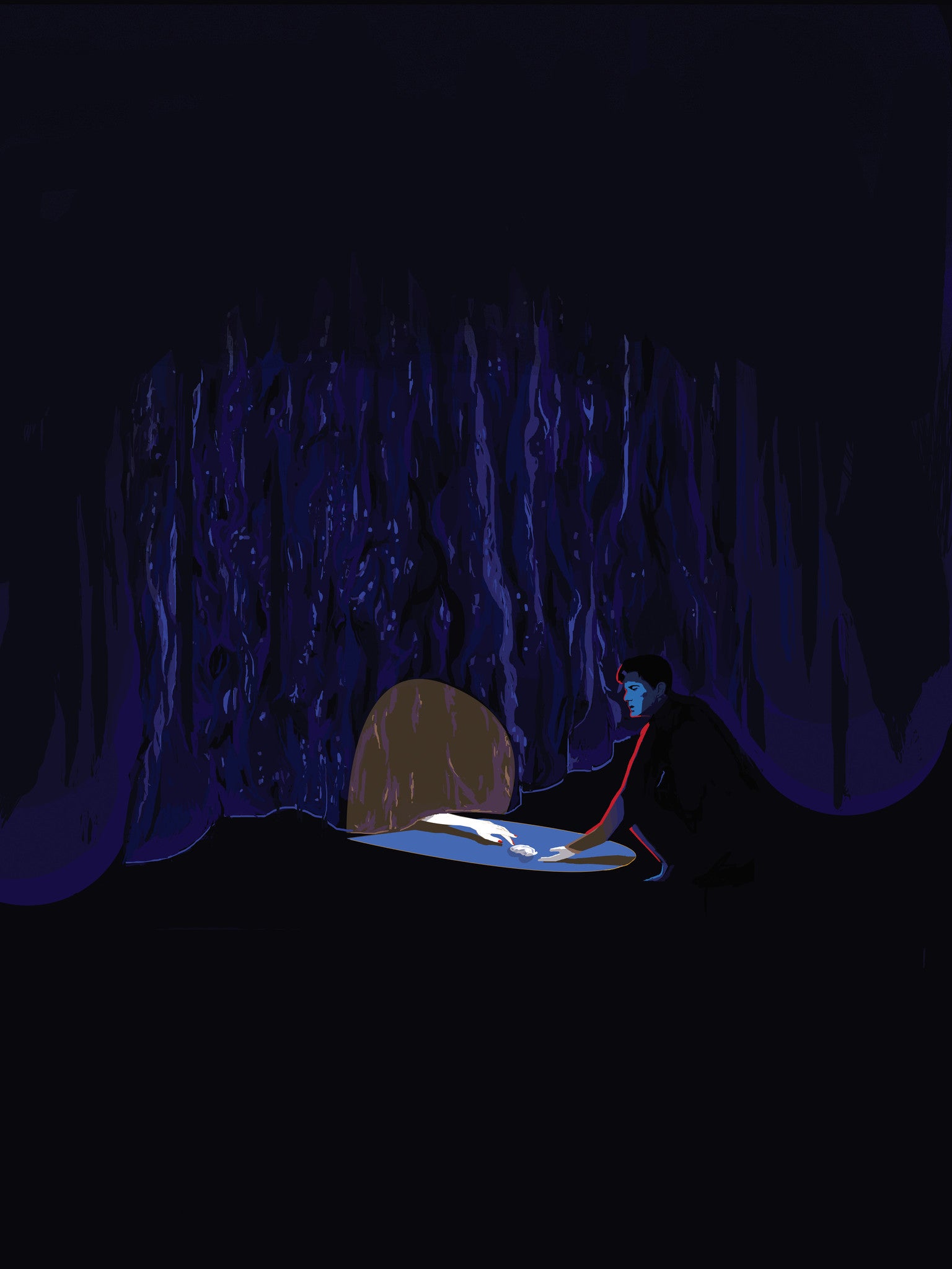 A mysterious figure in a dark cloak stands at the glowing pools edge, casting light onto a cavernous environment. The eerie scene reflects Fernando Rezas style, as walls drip with purple and blue hues, creating an atmospheric impression suitable for fine art giclee on archival paper.