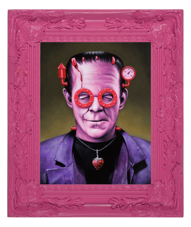 A whimsical Frankenstein portrait in Scott Scheidly style features red goggles, a heart pendant with red bolts, and a purple jacket against a subtle backdrop. It is encased in an ornate pink frame, ideal for display at Spoke Art Gallery.