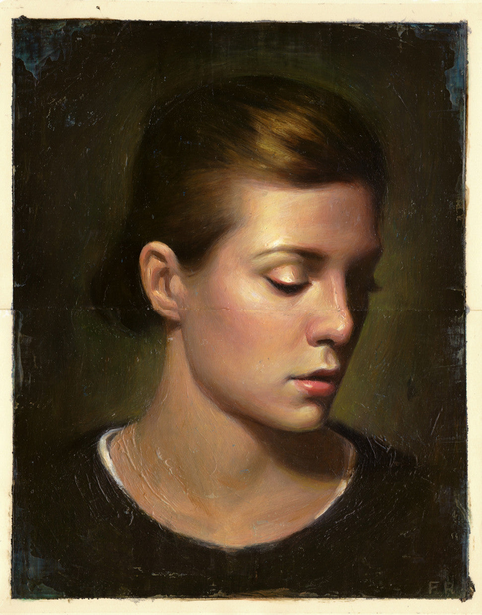 Fredrik Rattzens classic oil on Moleskine painting features a serene person with short brown hair and closed eyes, set against a dark background. The subject is portrayed in three-quarter profile wearing a dark top with a white neckline.