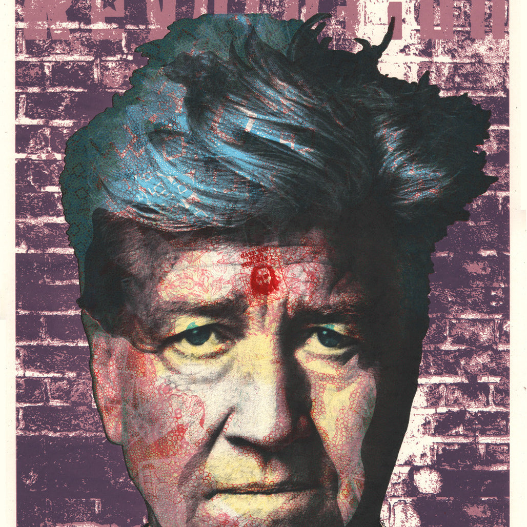 A stylized screen print portrait by Zissou Tasseff - Elenkoff depicts a serious man with colorful, abstract layers on a patterned jacket. The brick wall background includes partially obscured text, and the piece is part of a limited edition of 55.