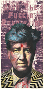 A stylized screen print portrait by Zissou Tasseff - Elenkoff depicts a serious man with colorful, abstract layers on a patterned jacket. The brick wall background includes partially obscured text, and the piece is part of a limited edition of 55.
