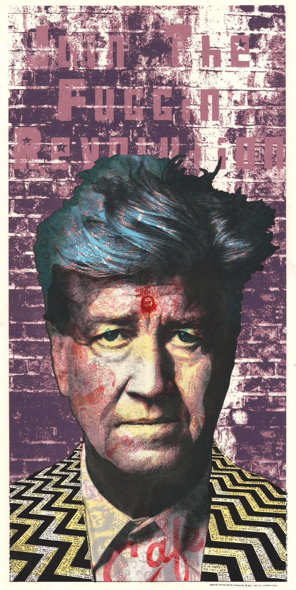 A stylized screen print portrait by Zissou Tasseff - Elenkoff depicts a serious man with colorful, abstract layers on a patterned jacket. The brick wall background includes partially obscured text, and the piece is part of a limited edition of 55.