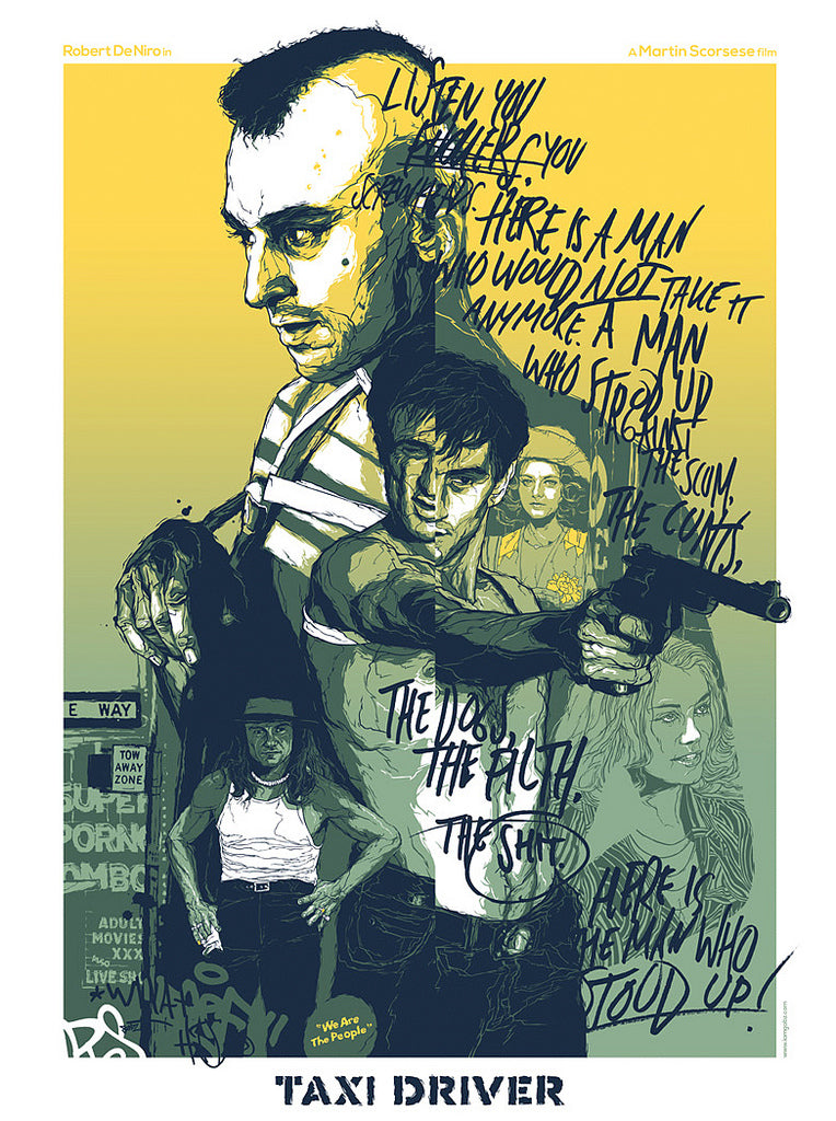 Created by Grzegorz Domaradzki, this limited edition screen print features a mohawked man with a gun, blended with script and collage elements like people, taxis, and text. Highlighted in green and yellow tones, its inspired by Martin Scorseses classic film Taxi Driver.