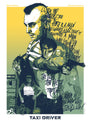 Created by Grzegorz Domaradzki, this limited edition screen print features a mohawked man with a gun, blended with script and collage elements like people, taxis, and text. Highlighted in green and yellow tones, its inspired by Martin Scorseses classic film Taxi Driver.