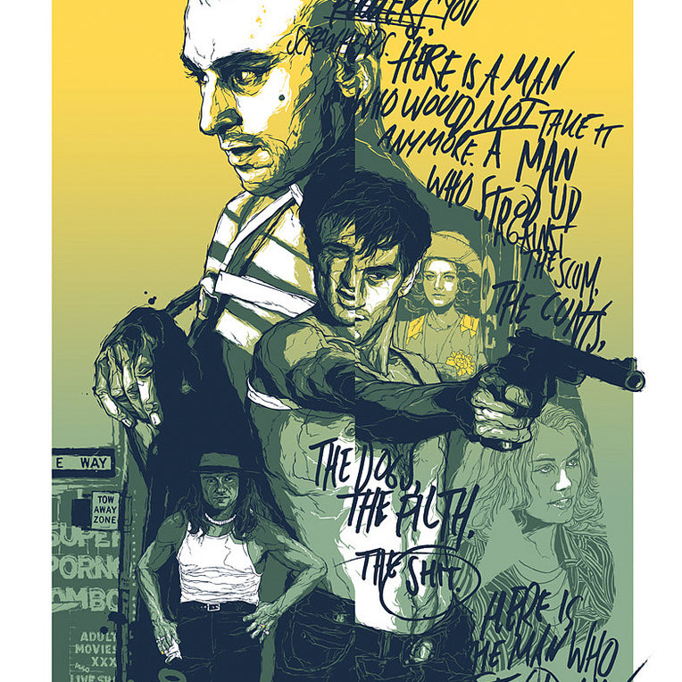 Created by Grzegorz Domaradzki, this limited edition screen print features a mohawked man with a gun, blended with script and collage elements like people, taxis, and text. Highlighted in green and yellow tones, its inspired by Martin Scorseses classic film Taxi Driver.