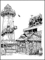 Tim Doyles black and white illustration features a lighthouse, a Bahama Shack with a thatched roof, and a bird soaring amid trees. This pen and ink piece is available at the San Francisco gallery.
