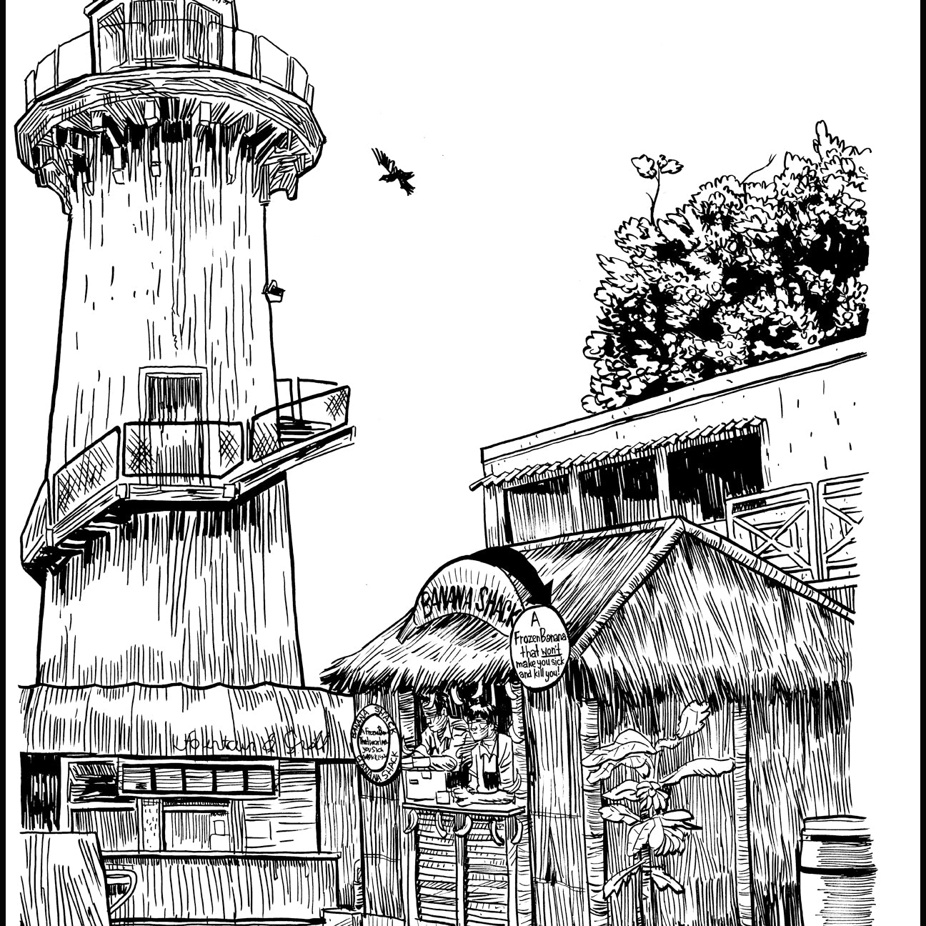 Tim Doyles black and white illustration features a lighthouse, a Bahama Shack with a thatched roof, and a bird soaring amid trees. This pen and ink piece is available at the San Francisco gallery.