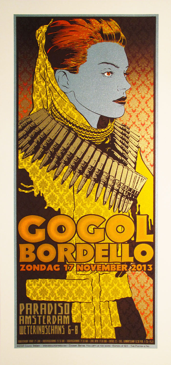 A Chuck Sperry stylized concert poster for Gogol Bordello, featuring a person with a bold hairstyle and detailed collar in orange, yellow, and grey. It highlights their Paradiso Amsterdam show on November 17, 2013.