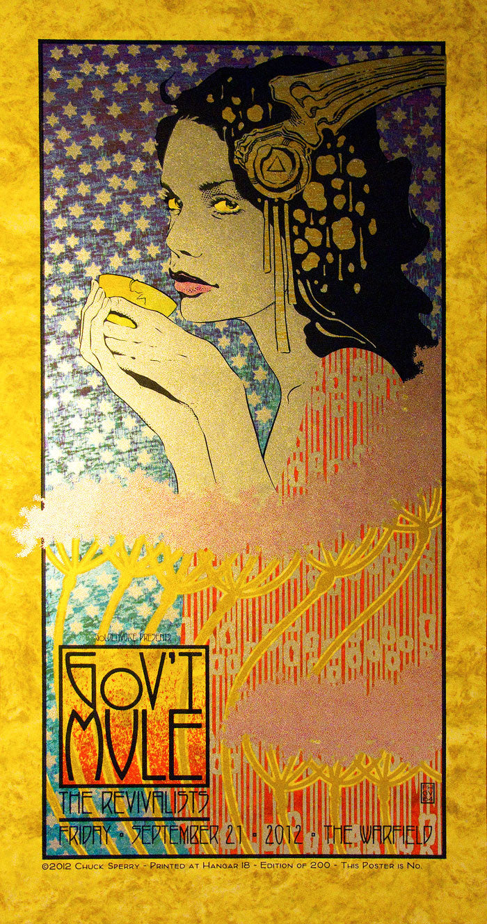 Artistic poster by Chuck Sperry showcasing a stylized female figure with a detailed headdress, sipping from a cup against a starry, floral backdrop. Includes Govt Mule and Warfield 2012 event details at the bottom.