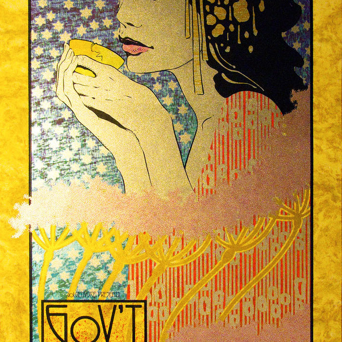 Artistic poster by Chuck Sperry showcasing a stylized female figure with a detailed headdress, sipping from a cup against a starry, floral backdrop. Includes Govt Mule and Warfield 2012 event details at the bottom.